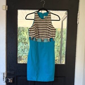 Vintage Black and White Striped Dress with Blue Skirt